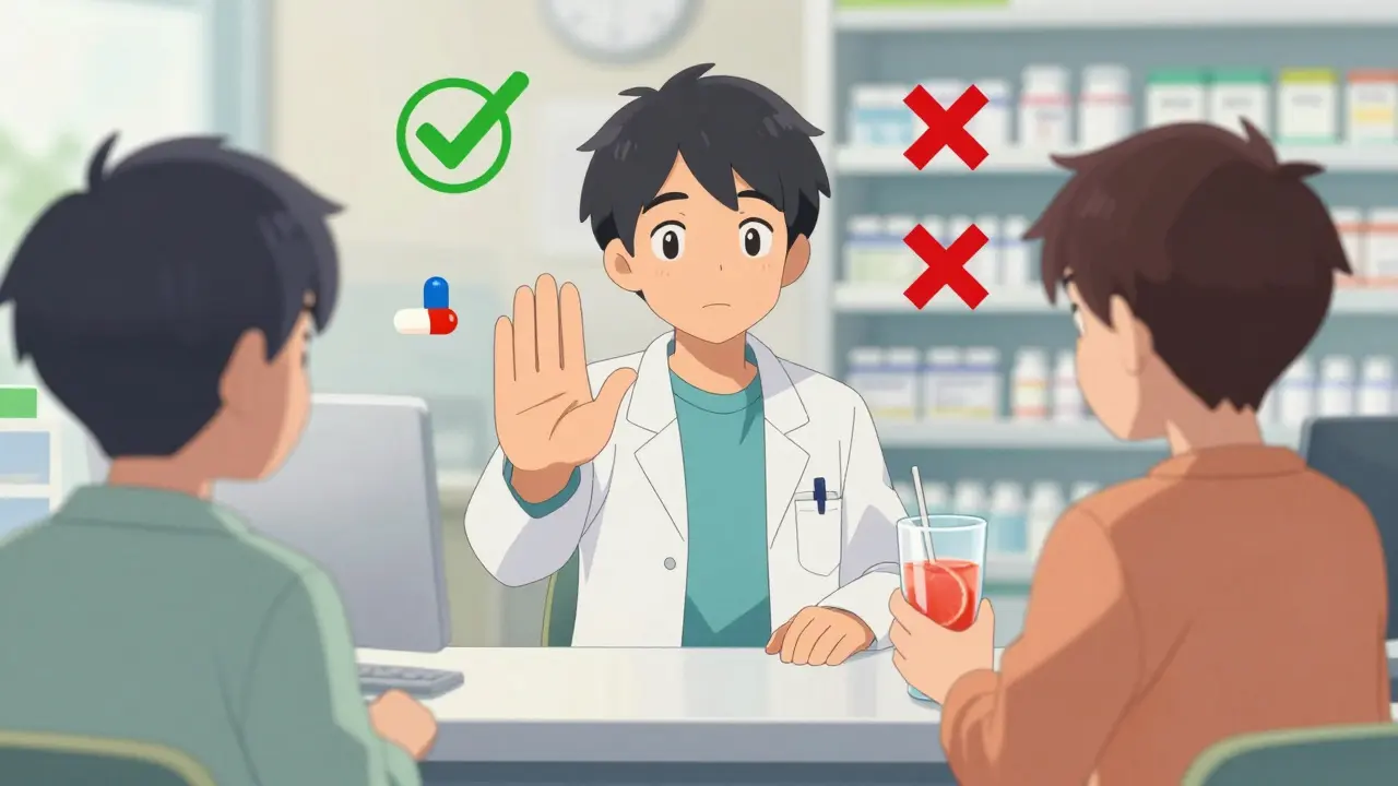 Pharmacien conseillant d'éviter le pamplemousse