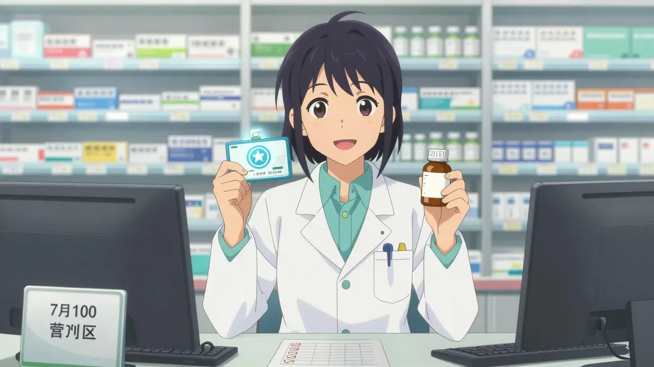 Pharmacien souriant présentant un sceau de certification de sécurité