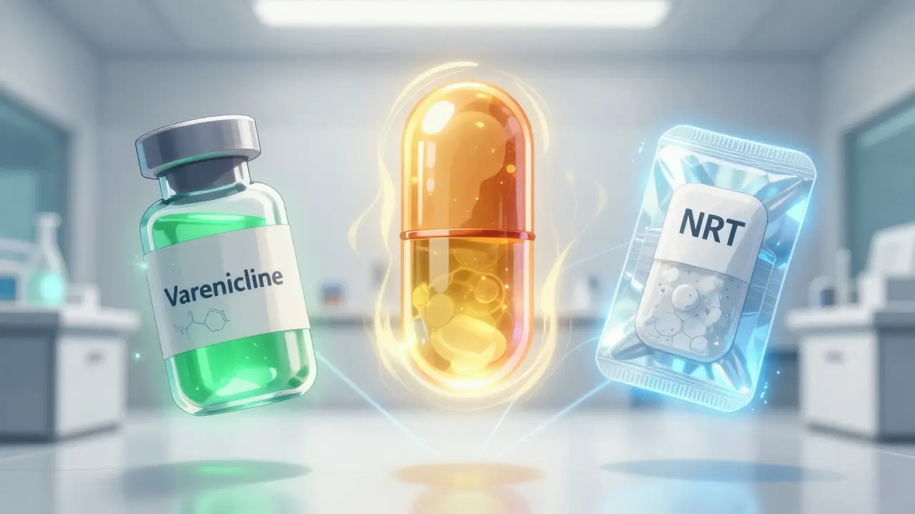 Trois médicaments anti-tabac représentés comme artefacts lumineux