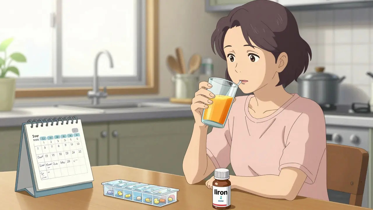 Femme planifiant sa prise de suppléments de fer avec du jus d'orange au petit-déjeuner