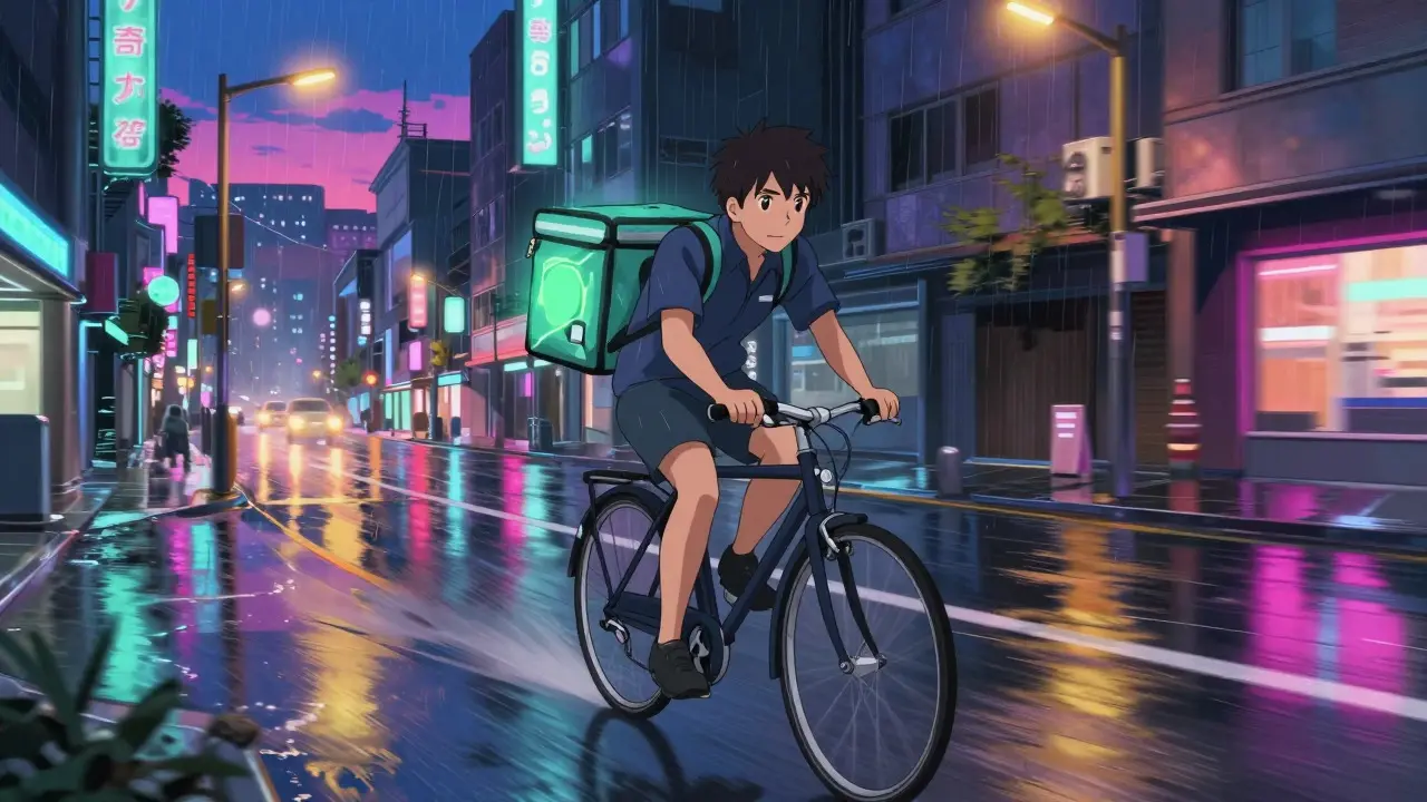 Livreur à vélo transportant un colis médical dans une ville sous la pluie au crépuscule