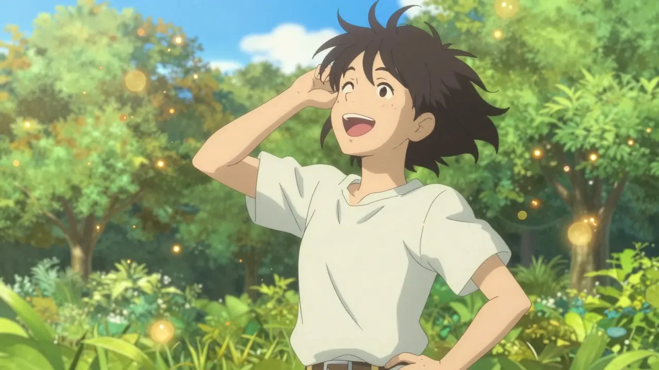 Personnage anime respirant librement dans un parc ensoleillé