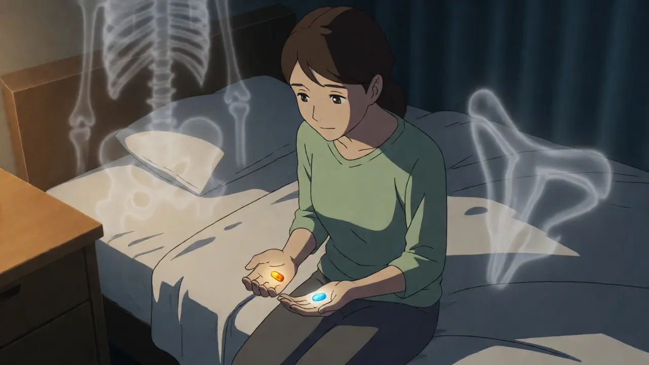 Femme hésitante tenant deux médicaments lumineux, illustrant le choix thérapeutique difficile.