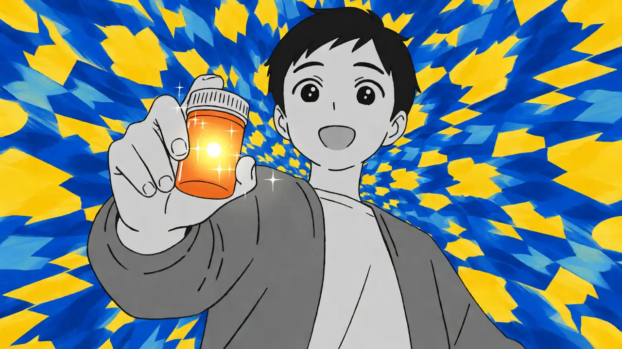 Personnage anime tenant une pilule magique dans un décor géométrique abstrait.