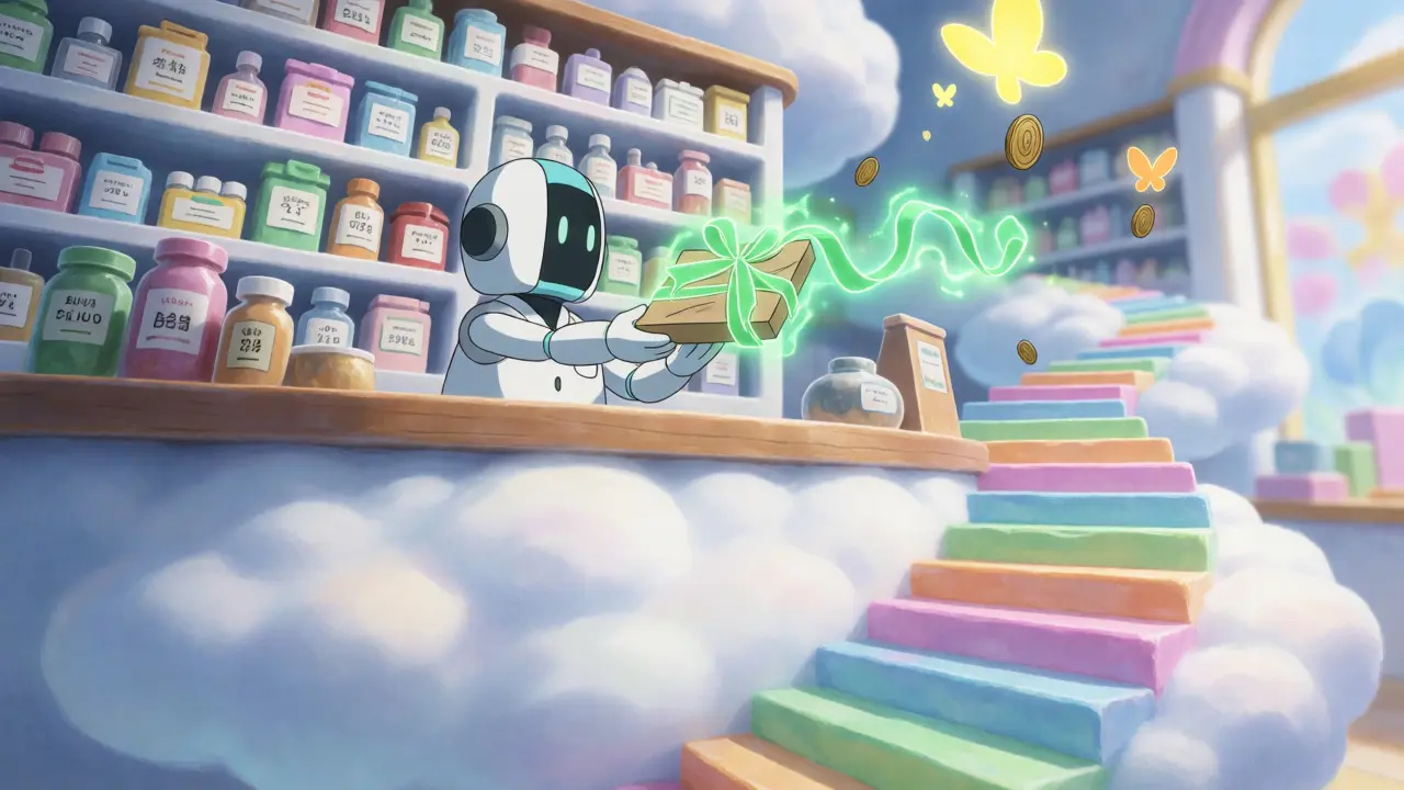 Pharmacie fantaisiste avec nuages et rubans lumineux pour l'achat de médicaments.